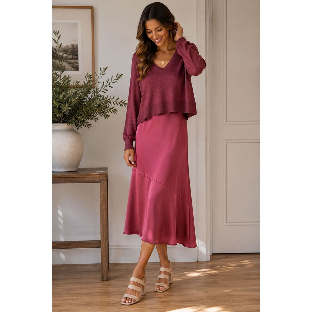 Sam Edelman Slip Dress Sweater Set 6 Midi Metallic Elegant Wedding Chic Burgundy